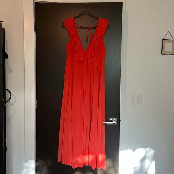 EUC ZARA Pleated Orangey Red MIDI Dress Sz.M - Picture 3 of 7